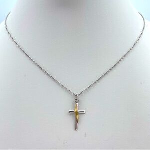 925 Sterling Silver & Gold Accent Cross Pendant Necklace 18”